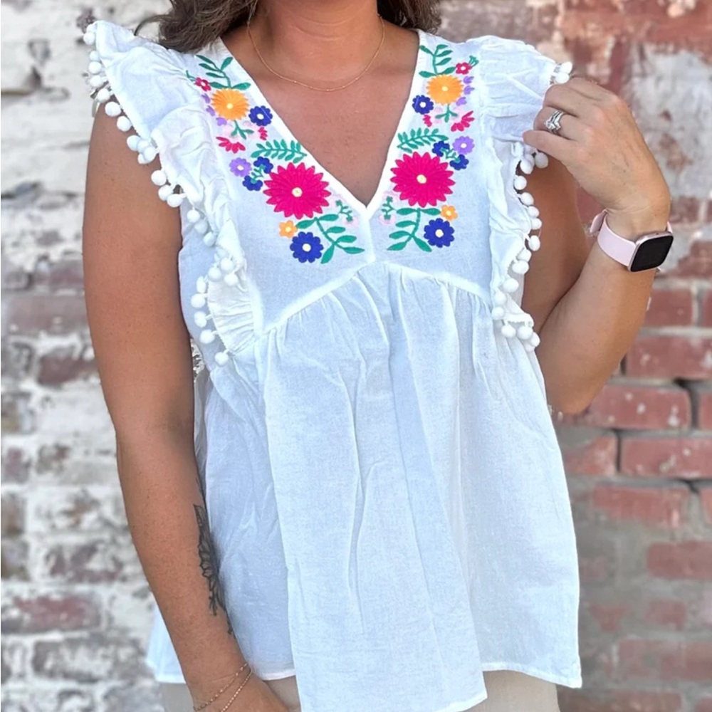 Floral embroidered tank top Forget Me Not Pom poms